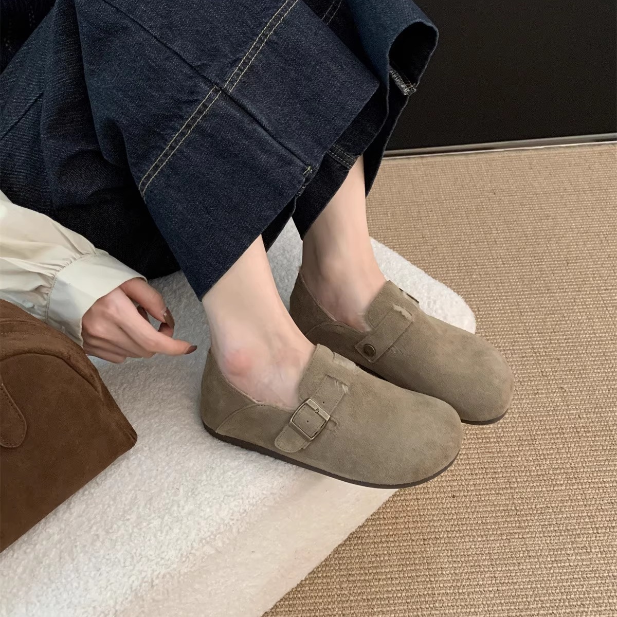 真牛皮软平底勃肯鞋女加绒保暖春秋冬季新款复古丑萌单鞋子一脚蹬 - 图1