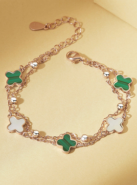 四叶草手链女纯银孔雀石轻奢小众