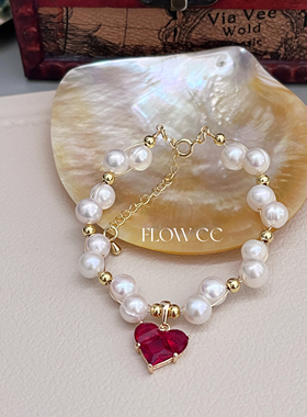 原创小众vintage天然珍珠桃心复古宫廷搭配简约女手链百搭礼物