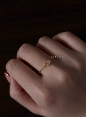 Vintage金色锆石月亮S925银女链条戒指不掉色指环轻奢高级感礼物