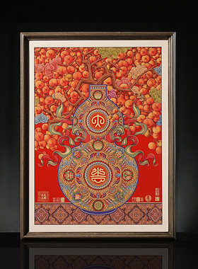 新中式浮雕画玄关装饰画正对门葫芦挂画中国红画福禄客厅风水画
