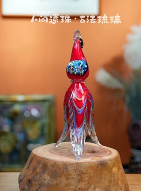 人间遗珠绯红鹦鹉琉璃摆件