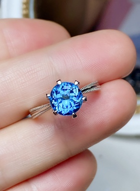 圆8x8天然蓝托帕戒指女S925银玫瑰金色时尚经典白金色伦敦蓝宝石