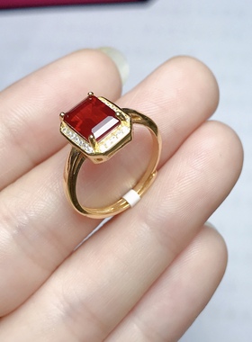 长方6×8火红太阳石戒女款925银镶嵌红色戒黄金色女戒清新时尚款