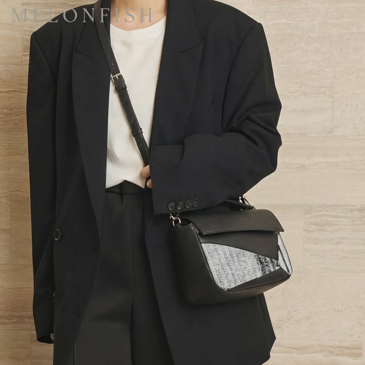 【黑白拼图】MELONFISH早春撞色真皮羊毛puzzle通勤单肩斜挎包,淘宝优惠券,粉丝福利购,淘宝优惠卷