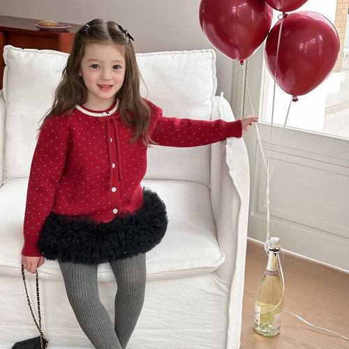 圣诞新年款~女童宝宝韩版甜美波点蝴蝶结绵羊绒针织开衫毛衣外套 - 图2