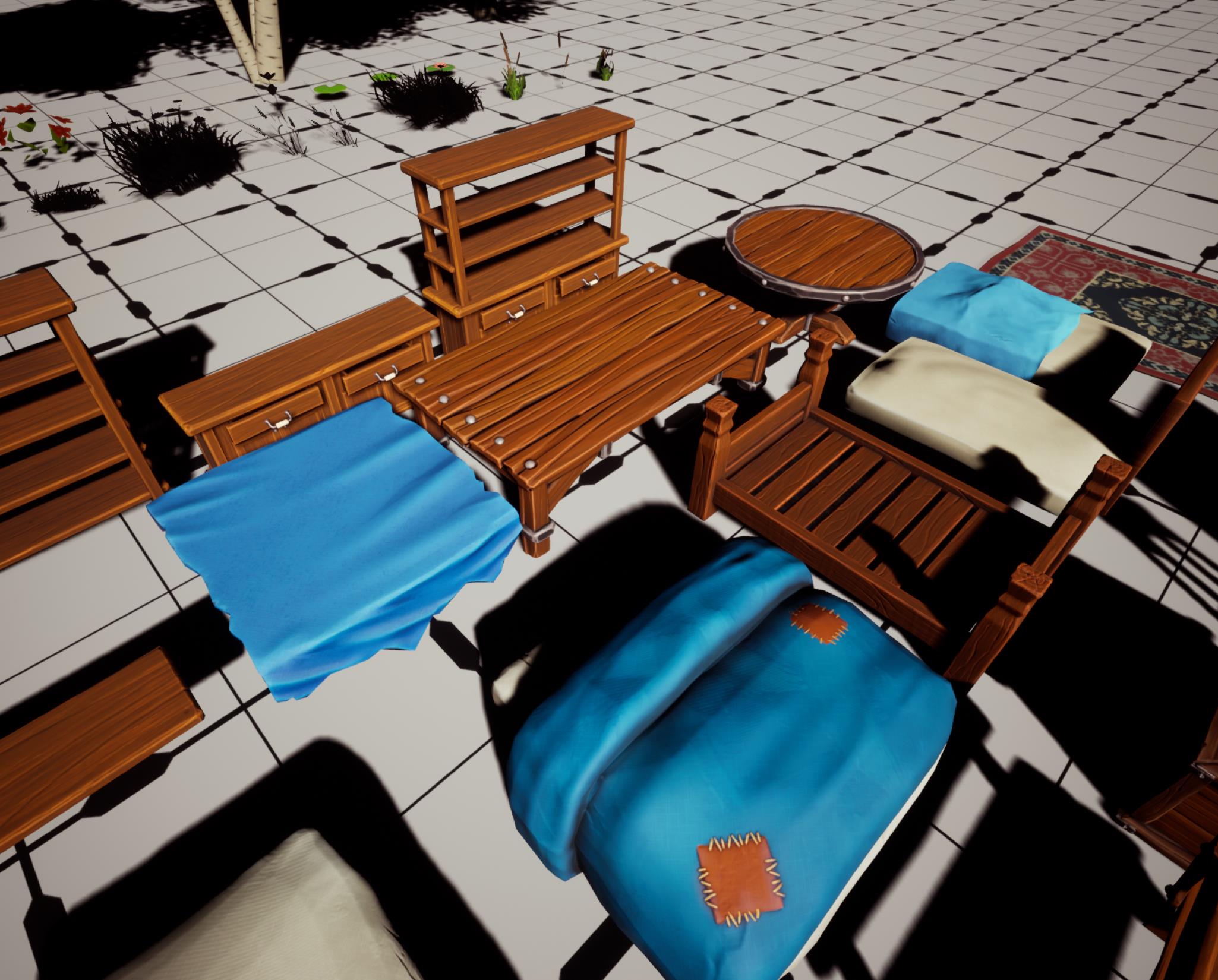 UE4/UE5风格化花草木桶床铺地毯药水稻草宝箱 墓碑农具 稻草人 - 图2