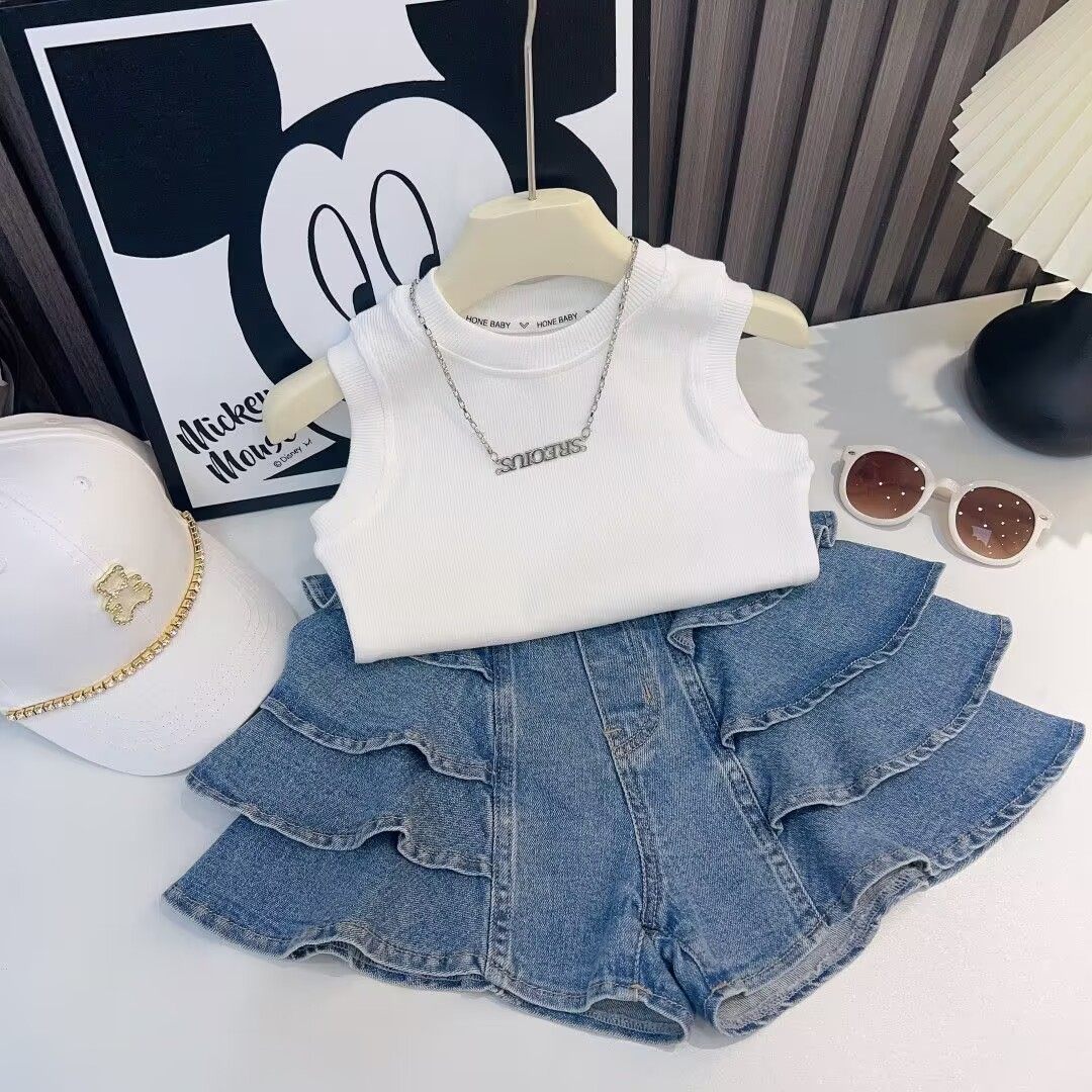 女童套装夏装2025新款小女孩时髦短袖T恤儿童洋气牛仔短裤两件套,淘宝优惠券,粉丝福利购,淘宝优惠卷