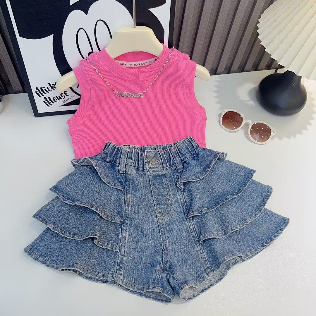 女童套装夏装2025新款小女孩时髦短袖T恤儿童洋气牛仔短裤两件套,淘宝优惠券,粉丝福利购,淘宝优惠卷