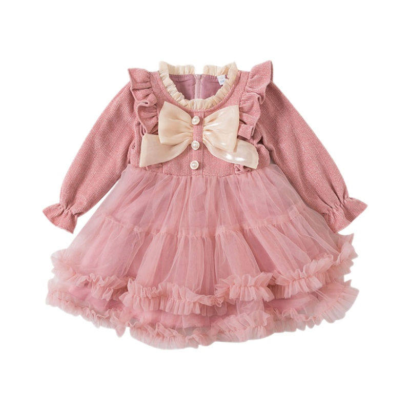 女童连衣裙秋冬蝴蝶结小女孩公主裙儿童洋气拼接纱裙粉色花边裙子,淘宝优惠券,粉丝福利购,淘宝优惠卷