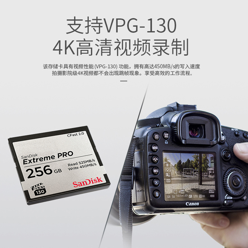 sandisk闪迪256GB CF存储卡 VPG-130 4K至尊超极速版 读速525MB/s - 图1