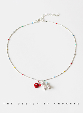 川野彩色珠子水钻小马吊坠项链