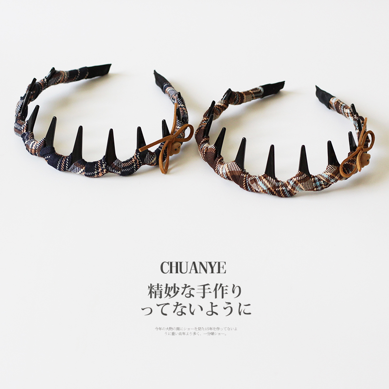 川野日韩小熊格纹缠绕头箍女新款简约可爱高颅顶带齿防滑发箍头饰 - 图1