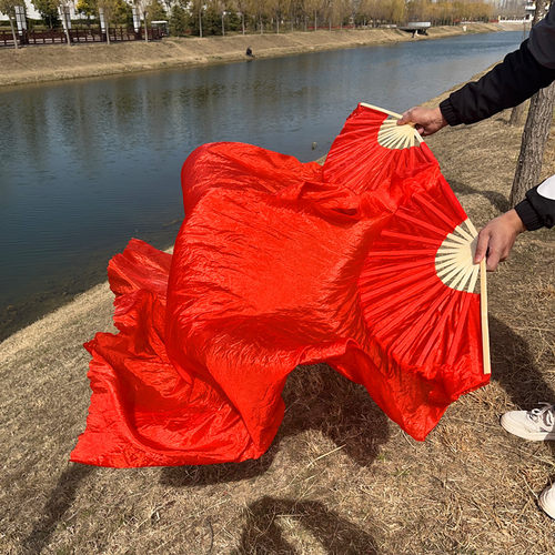 大红色加长舞蹈扇开门红表演出长扇子中国红秧歌长绸扇广场跳舞扇 - 图1