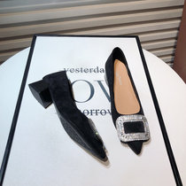 A D Hepburn ~ Superior Sensation Water Drill Square buckle coarse heel Single shoe Female Korean version pointed suede heels High heel Shoe woman