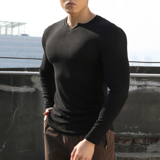 美式亨利领t恤肌肉男硬汉风修身长袖上衣V领健身训练撸铁运动体恤