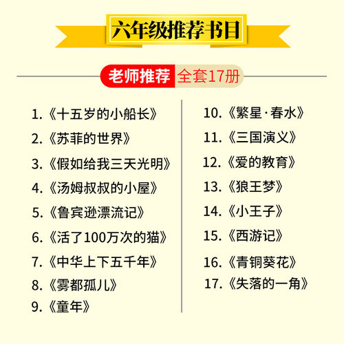 六年级必读课外阅读经典书目全17册失落的一角童年爱的教育繁星春水鲁滨逊漂流记狼王梦十五岁的小船长活了100万次的猫苏菲的世界6-图0