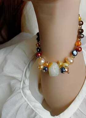 彩色天然石不规则珍珠项链项链