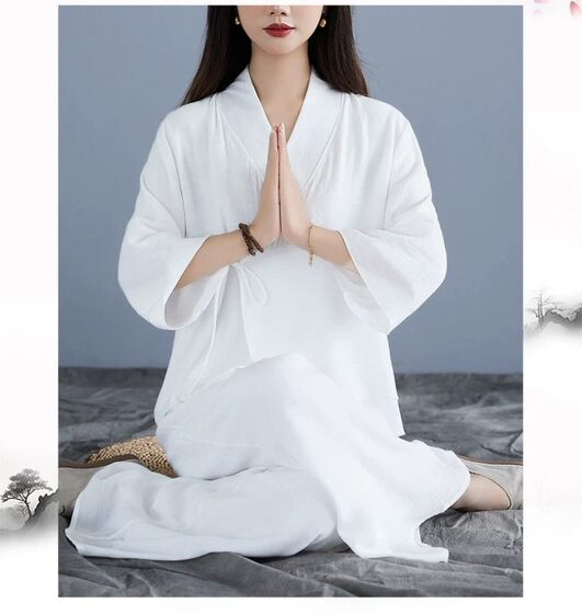 禅修服女士白色仙气冥想疗愈师服打坐拜佛素衣禅意佛系居士服大码