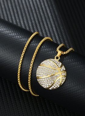欧美跨境热销嘻哈hiphop饰品金镶钻篮球吊坠项链男士个性运动配饰