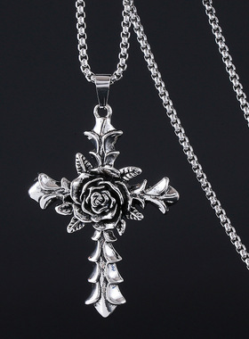 复古玫瑰花十字架个性潮人饰品男女长项链嘻哈情侣合金吊坠毛衣链