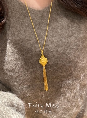 牡丹花球古法黄金色拉丝流苏项链