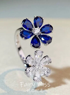 S925纯银皇家蓝镶高碳钻花朵戒指