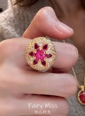 复古金色重工红宝色满钻花朵戒指