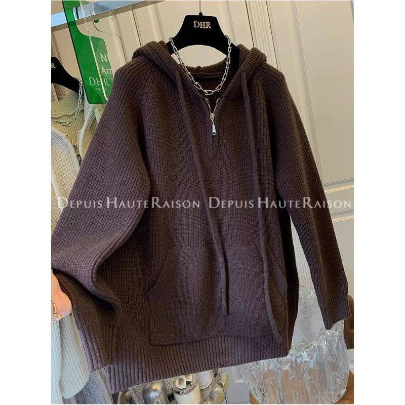 2-300斤大码设计感半拉链连帽毛衣针织衫女秋冬宽松慵懒长袖上衣,淘宝优惠券,粉丝福利购,淘宝优惠卷