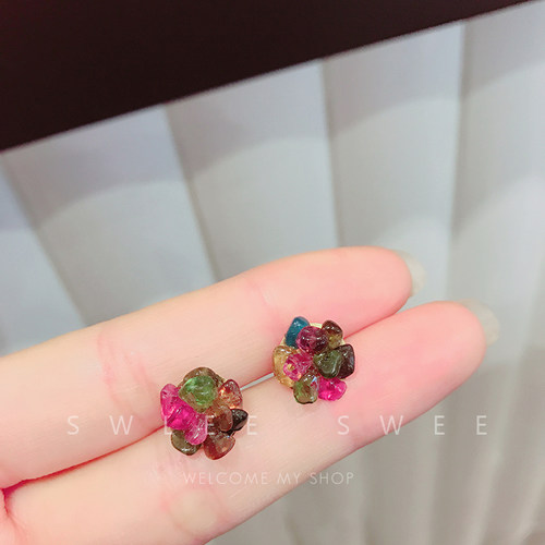 原创手工天然石头彩色碧玺耳钉女创意碎石花朵可爱气质小清新耳环 - 图0