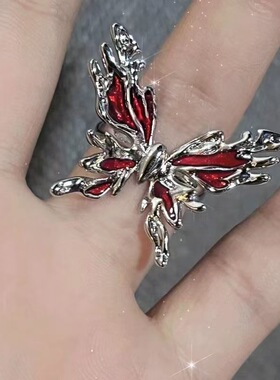 红色蝴蝶戒指女小众设计高级感轻奢指环开口可调节法式个性食指戒