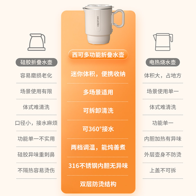 西可便携式折叠烧水壶旅行不锈钢热水壶电水壶烧水杯便携小型宿舍