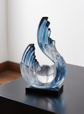 现代简约抽象蓝波浪玻璃摆件