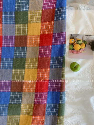 六六家复古彩色格子日韩拼接撞色棉布连衣裙裤子发饰手工diy布料 - 图2