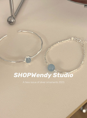 S925纯银夏季海蓝宝碎银子手链