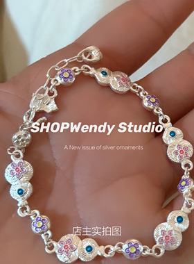 足银999.9珐琅彩福禄生花手链叠