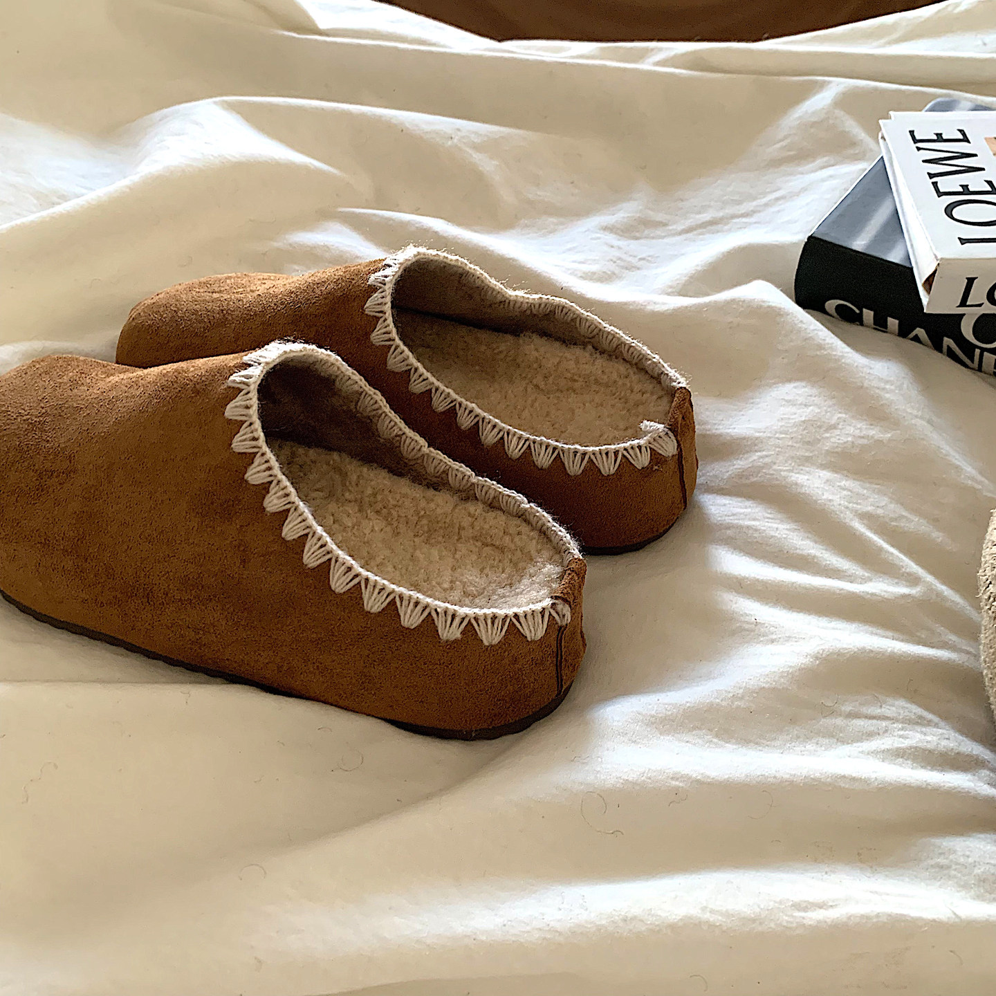 美拉德自留~5cm增高厚底加绒勃肯半拖鞋ins复古保暖一脚蹬棉拖鞋,淘宝优惠券,粉丝福利购,淘宝优惠卷