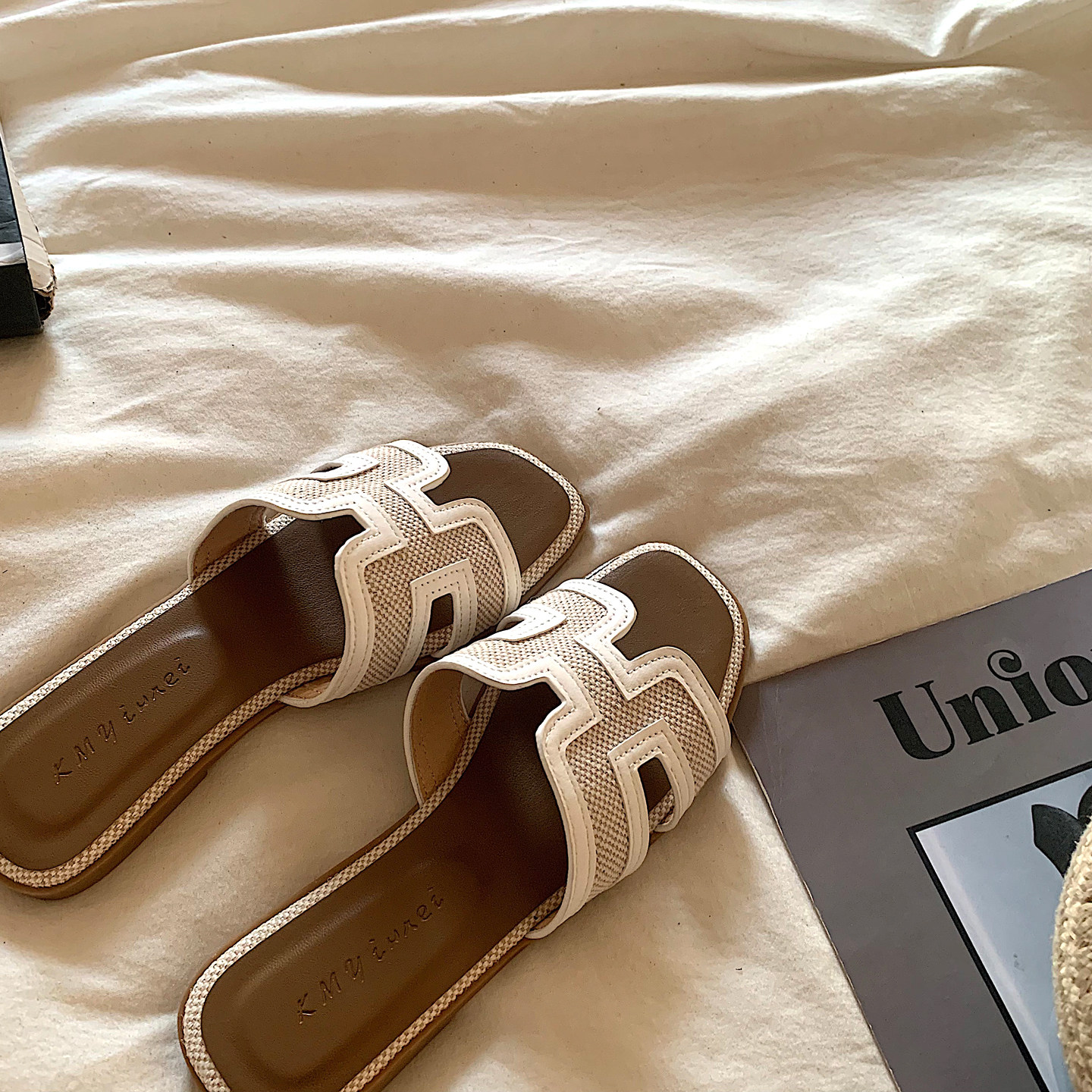 金屿鹿ins露思同款晚晚风一字拖女夏外穿韩系复古度假沙滩凉拖鞋,淘宝优惠券,粉丝福利购,淘宝优惠卷