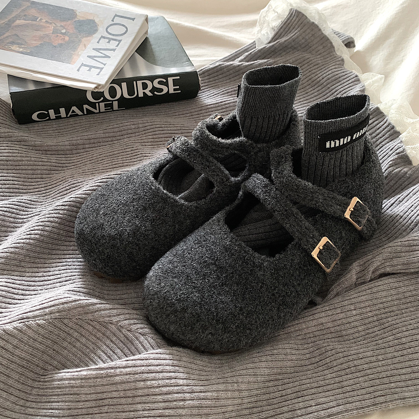 轻奢灰~增高厚底加绒加厚毛呢玛丽珍鞋女冬ins复古一脚蹬棉鞋瓢鞋,淘宝优惠券,粉丝福利购,淘宝优惠卷
