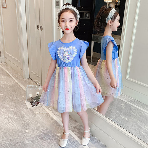 女童彩虹连衣裙2026夏装新款儿童洋气仙女裙小女孩七彩公主裙纱裙 - 图0