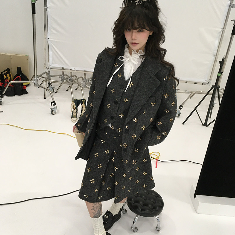 fortylions 羊毛呢西装外套v领修身马甲中长款半裙女西装三件套,淘宝优惠券,粉丝福利购,淘宝优惠卷