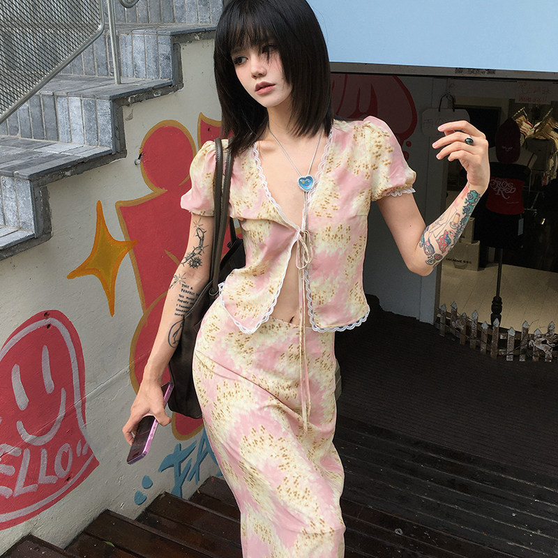 碎花纯欲雪纺套装蕾丝系带短袖开衫嫩妹半裙女夏套装裙,淘宝优惠券,粉丝福利购,淘宝优惠卷