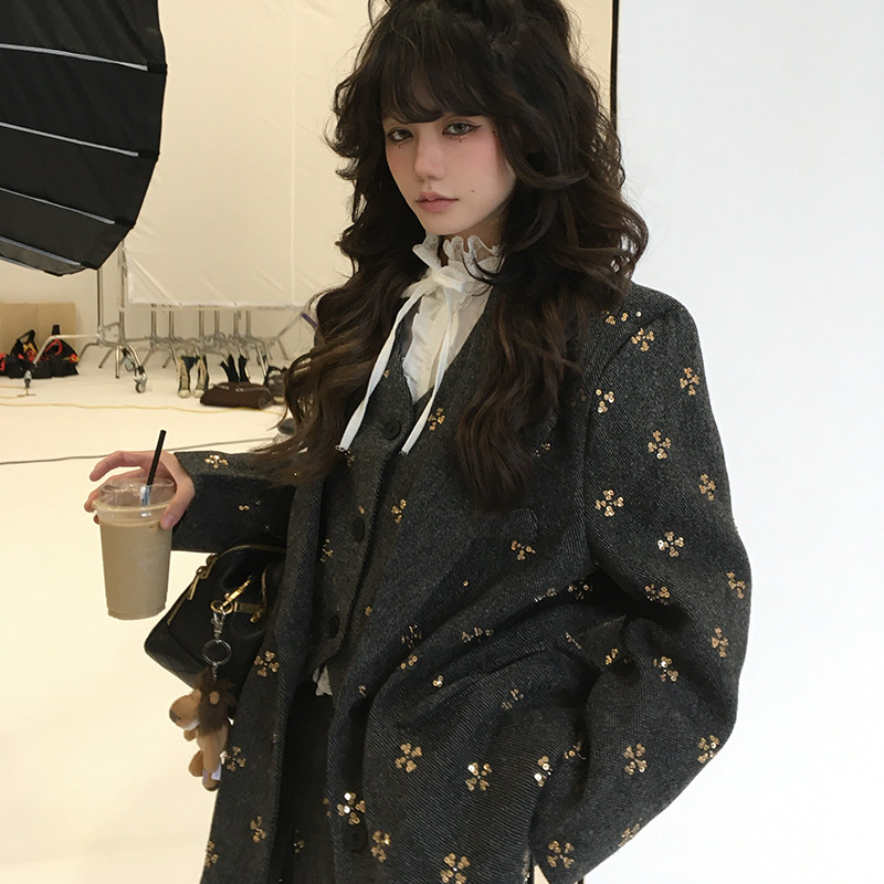 fortylions 羊毛呢西装外套v领修身马甲中长款半裙女西装三件套,淘宝优惠券,粉丝福利购,淘宝优惠卷