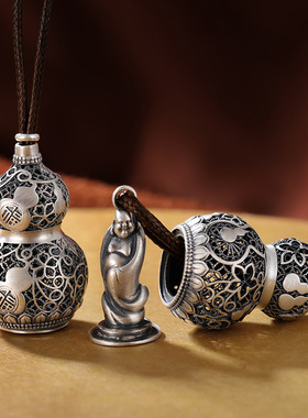 葫芦吊坠复古999足银观音笑佛护身男女可戴项链纯银毛衣吊链挂件
