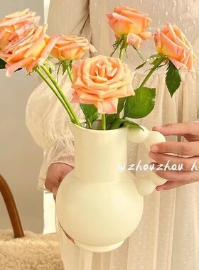 五代果花瓶奶油风提手陶瓷花器摆件客厅餐厅酒店民宿艺术品摆件