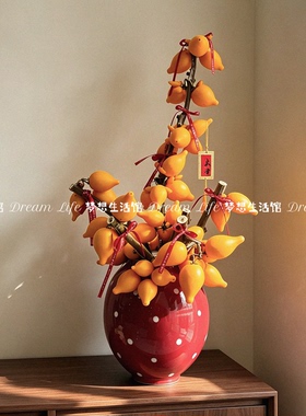 高级感红色五代果花瓶手工客厅酒店玄关简约陶瓷摆件水培插花器