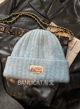 美式含羊毛显白蓝色针织帽男女双层保暖冷帽滑雪大头毛线帽显脸小