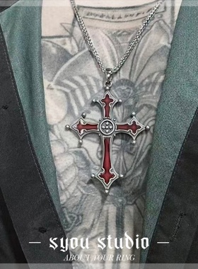 暗红哥特十字架钛钢朋克项链
