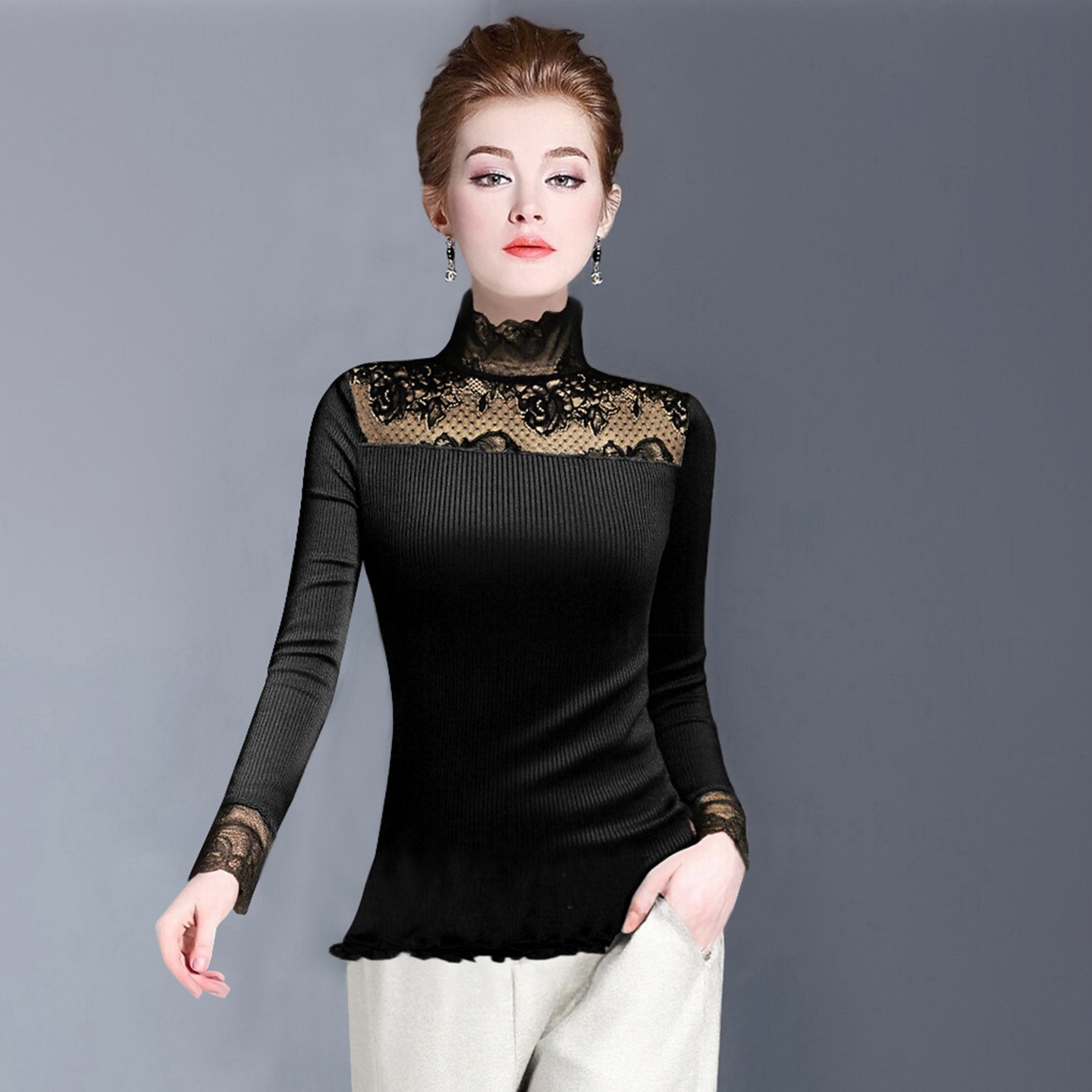 半高领桑蚕丝黑色上衣女春秋季2025新款内搭时尚洋气蕾丝打底衫秋,淘宝优惠券,粉丝福利购,淘宝优惠卷