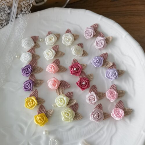 5朵价双叶缎带复古小玫瑰花朵DIY手工娃衣服鞋帽裙子手作辅料1227 - 图0